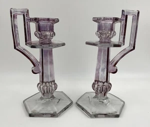 Westmoreland 1033 Candlesticks Set of 2 Art Deco Amethyst Lavender - Picture 1 of 6