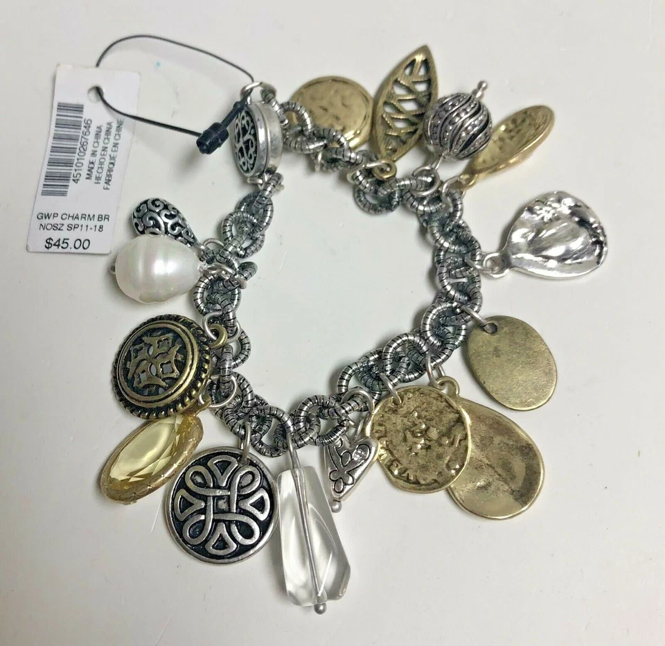 Chico's Charm Bracelet Brass Silver Color Magnetic Clasp With Tags
