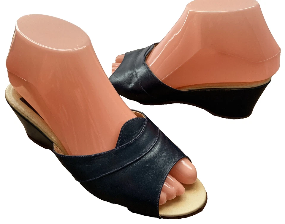 Womens vintage leather sandals shoes wedge heels peep toe 35 5 5.5  Blue slip on - Image 1 of 4