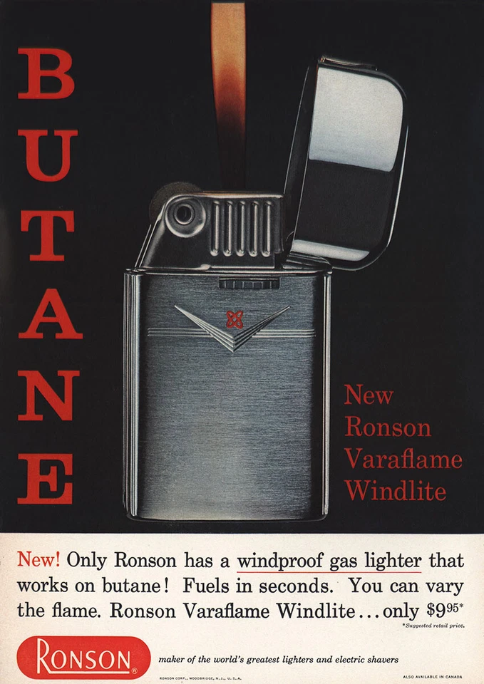 Ronson Varaflame 1959: encendedor de gas a prueba de viento anuncio impreso vintage Foto 1 de 1