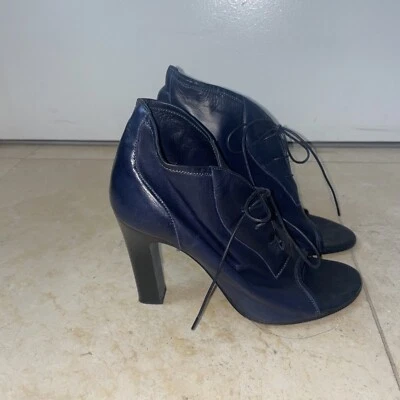 Дамы Jil Sander шнурует вверх ботинки 37/6,5 синий кожаный заглянуть носок каблука ботинок - Изображение 1 из 4