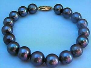 charming AAA 10-11mm Tahitian Natural South Sea Black Pearl Bracelet 7.5 -8" 14k
