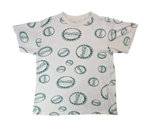 Coca Cola Vintage 70s 80s Green Bottle Cap Logo AOP White T Shirt Small S - Picture 1 of 8