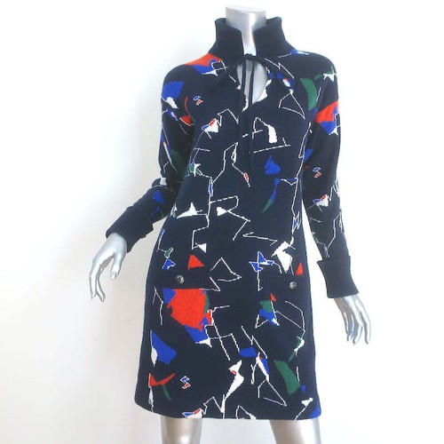 Abito in cashmere Chanel Globalization blu navy intarsio lavorato a maglia taglia 38 manica lunga mini