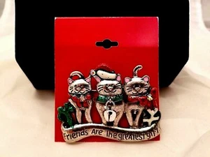Cat Christmas Pin Coat Brooch "Friends are the Greatest Gift" Xmas BLING NWT - Picture 1 of 1