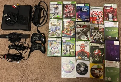 Xbox 360 S Console Black Bundle with 2 Controllers, 2 Mics, Kinect & 19 games - Image 1 of 4