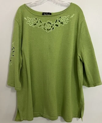 Bob Mackie цветочный вырез вышитый металлический 3/4 рукав блестящий зеленый 3 X - Изображение 1 из 4