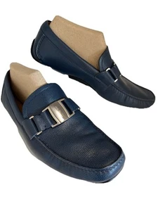 FERRAGAMO SARDEGNA Dark Blue Calf Pebbled Leather Men Loafers Size 9 EE READ - Picture 1 of 11