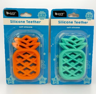 Set of 2 B-Pure Food Grade Silicone Teether, Orange & Blue 3-24 months, BPA Free - Image 1 of 4