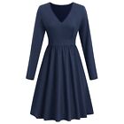 Dress High V Neck Long Sleeve Drape Bodycon Knee Length Dress (Dark Blue L) ECM
