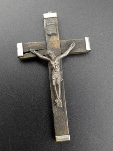 Vintage INRI Wood & Metal Crucifix Cross Necklance Pendant Made in Germany 3 1/2 - Picture 1 of 5