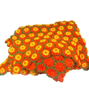 Orange Green Crochet Daisies Bedspread King Size Handmade Floral Throw Blanket R - Picture 1 of 5