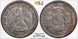 O016 1884 - so Chile Peso PCGS AU Details - Damage - Bild 1 von 7