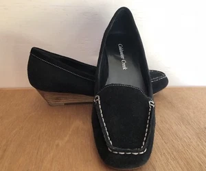 Coldwater Creek Women's Black Leather Suede Low Wedge Heels Loafer Shoes Sz 7 M - Picture 1 of 12