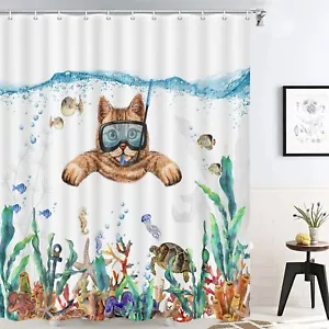 Cat Diving Tropical Fish Coral Shower Curtains for Bathroom Decor with 12 Hooks - Picture 1 of 8