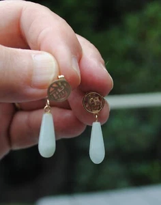 Hellblaue Chalcedon Jade Ohrhänger 14k Gold Ohrhänger Träne Tropfen 2,6g - Bild 1 von 4