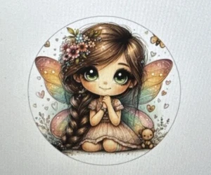 BEAUTIFUL FAIRY ANGEL GIRL BROWN HAIR ENVELOPE SEALS LABELS STICKERS TAGS ROUND - Picture 1 of 1