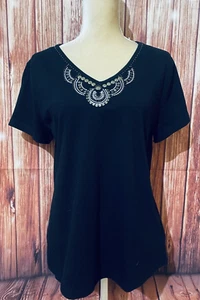 Camicetta donna grande Croft Barrow nera camicia maniche perline paillettes scollo a V morbida  - Foto 1 di 12