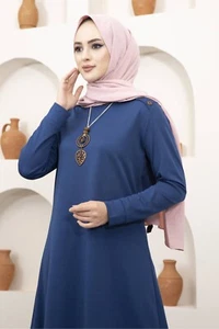 Blue Button Detailed Hijab Suit Indigo Size L - Picture 1 of 5