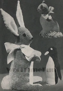 Vintage Knitting Pattern 3 Soft Toys: Bunny Rabbit, Cat Kitten & Penguin. - Picture 1 of 1