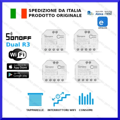 4pz Sonoff DUAL R3 WiFi WATT CONSUMI tapparelle tende da smartphone Alexa GOOGLE
