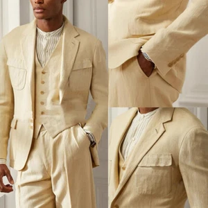 Trajes de lino para hombre 3 piezas boda novio muesca verano chaqueta de fiesta esmoquin - Imagen 1 de 9