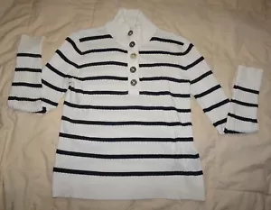 Ralph Lauren 1/4 Button Mock Neck Black & White Striped Sweater Large Cotton LS - Picture 1 of 19