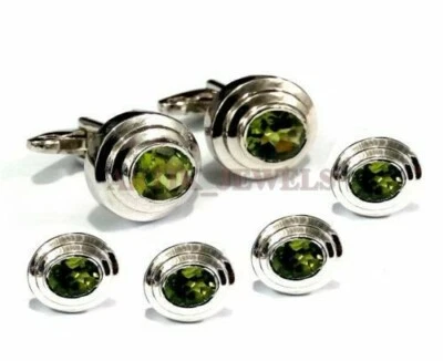 Piedra preciosa de peridoto natural con botón y gemelo de esmoquin de plata de ley 925 #2470 Foto 1 de 3