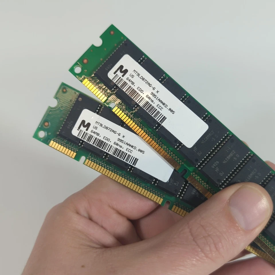 Micron EDO ECC DIMMs - 2x 64MB Single Sided 60ns, 128MB Total - Fully Tested - Image 1 of 4