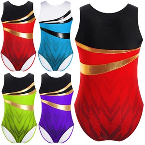 Kids Girls Rompers Tumbling Jumpsuit Sleeveless Bodysuit Color Block Leotard - Picture 1 of 39