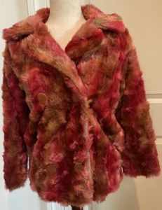 CORKY & Company Sz 14 Faux Fur Pea Coat Jacket Pink Double Breasted Twisted - Picture 1 of 11
