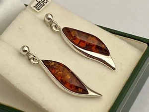 Sterling Silver & Amber Drop / Dangle Earrings - Boxed - Picture 1 of 10