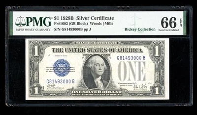 DBR 1928-B $1 Silver Funnyback Fr. 1602 GB Block Gem PMG 66 EPQ Ser # G81493000B - Image 1 of 2