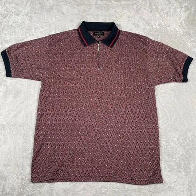 Yves Saint Laurent YSL Mens Large Geometric Print Zip Polo Shirt Red Black White - Image 1 of 4