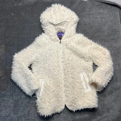 Madden Girl Womens White Fuzzy Faux Fur Hooded Zip Up Jacket Leopard Lined - Image 1 of 4