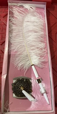 White Ostrich Quill Feather Pen Wedding Party Guest Book Signing Pen Registry - Image 1 of 2