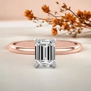 Gold Diamond Ring IGI GIA Lab Grown Emerald Cut 1 Carat Fine 14K Multi Tone Band - Picture 1 of 9