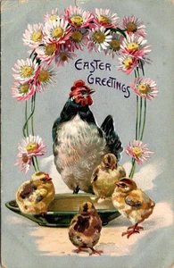 AK Ostergrüße Henne und Küken Korb geprägt Biesen & Söhne verschickt 191 - Bild 1 von 2