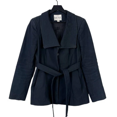 REISS Medium Cotton Stretch Wrap Jacket Belted Black - Image 1 of 4