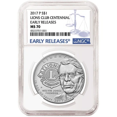 2017-P $1 Silver Lions Club 100th Anniversary Commemorative NGC MS70 ER Blue - Image 1 of 2