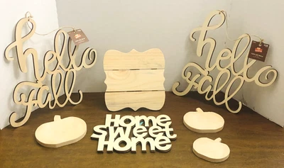 Caballete de calabaza recortado texto palabra forma madera sin terminar artesanía otoño hágalo usted mismo 7 piezas Foto 1 de 4