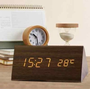 LED Digital Alarm Clock Wooden Time Temperature Display Electric Brown Modern - Picture 1 of 7