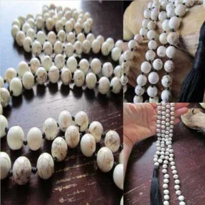 8mm White Howlite Gemstone Mala Necklace Tassel 108 Beads Wood Gemstone - Picture 1 of 4