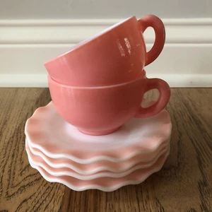 Vintage Ripple Pink Crinoline 2 Cups & 4 Saucers Set (Hazel Atlas) - Picture 1 of 17