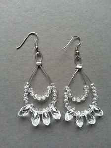 Earrings Handmade Clear Crystal Teardrop Double Loop Chandelier Drop Dangle - Picture 1 of 1