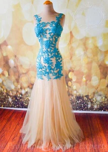 TEAL LACE PROM 2022 EVENING PAGEANT FORMAL BALL GALA DRESS WEDDING GOWN XL 12 - Picture 1 of 12