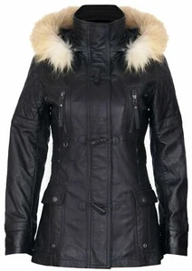 Damen Schwarz Leder Parka Jacke Gesteppt Abnehmbare Kapuze Trenchcoat Mantel - Bild 1 von 5