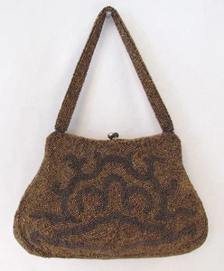 VINTAGE 1940s 50s BEADED EVENING BAG HANDBAG MADE IN BELGIUM BRONZE RHINESTONES - Picture 1 of 10