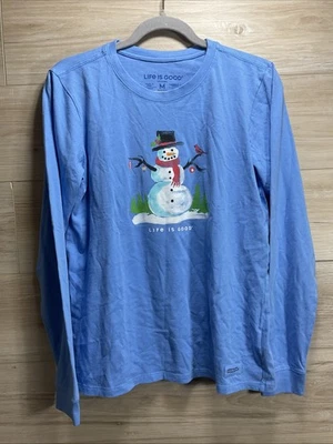 NUEVO Life Is Good Mujer M Camisa Trituradora Manga Larga Muñeco de Nieve Invierno Azul Nieve Foto 1 de 4