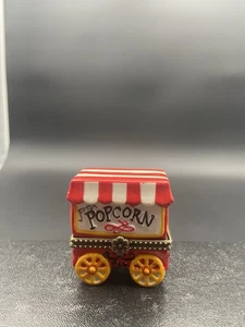 Porcelain Hinged Trinket Box Popcorn Stand Cart with Bag Popped Corn Inside PHB - Picture 1 of 6